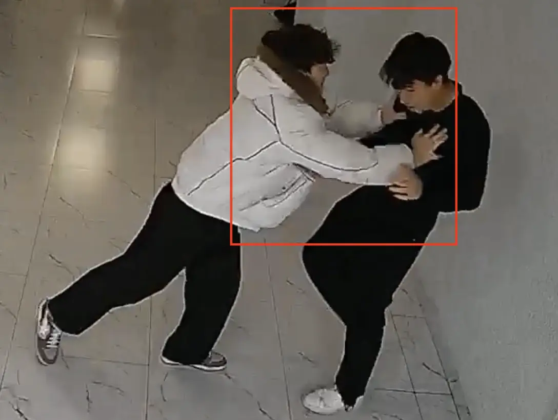 A conflict between students detected by a hallway camera
